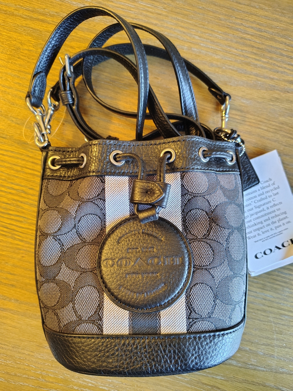 Coach Brown and Black Signature Stripe Drawstring Crossbody